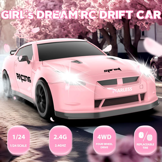 YUAN PLAN pink drift car side view showing drift tires for smooth turning
