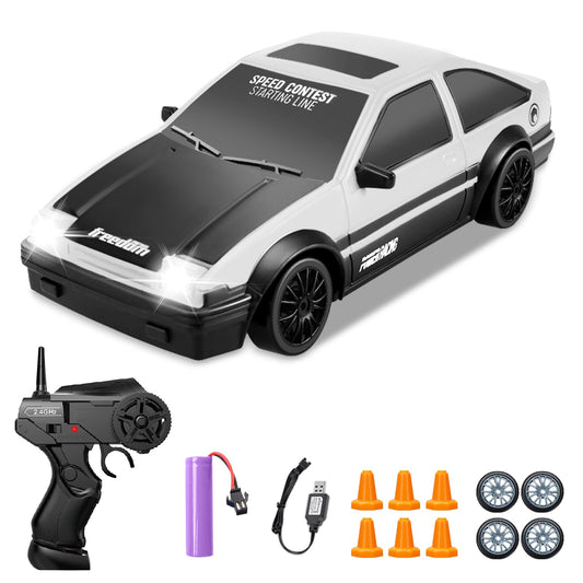 YUAN PLAN RC drift car white front view with LED lights for night fun