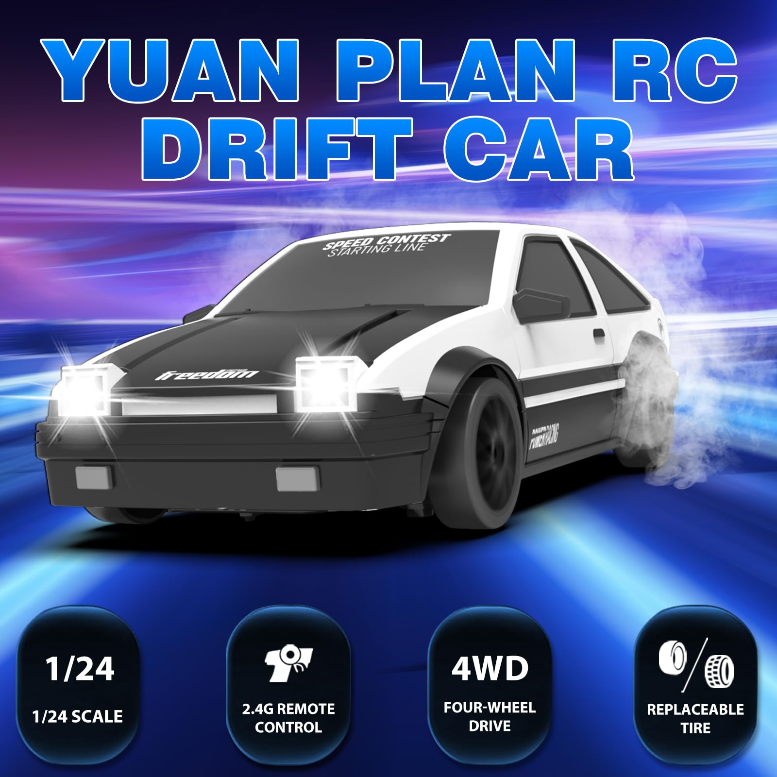 YUAN PLAN RC drift car white side view showing smooth steering