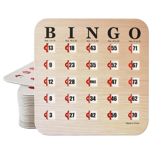 Yuanhe bingo cards with sliding windows in woodgrain design for travel fun and group play.