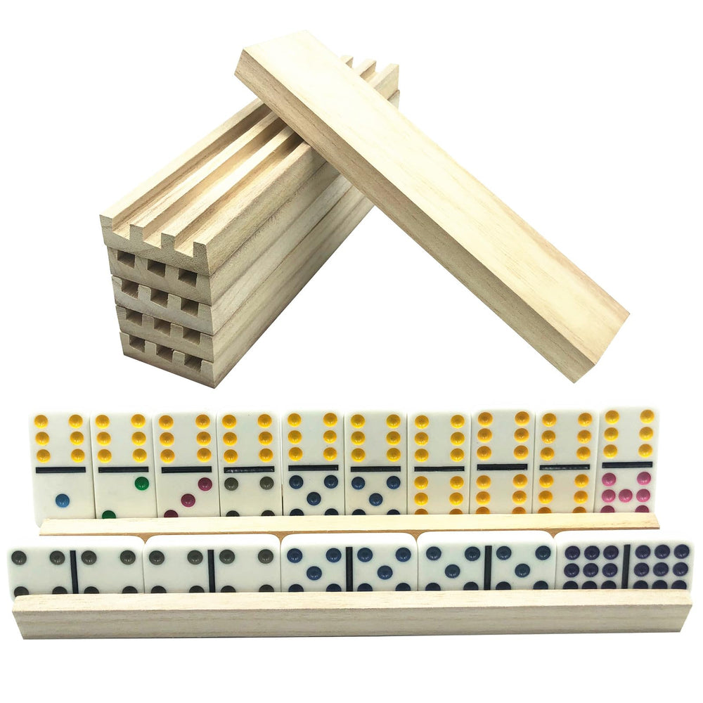Close-up of Yuanhe domino trays showing angled channels for easy viewing.