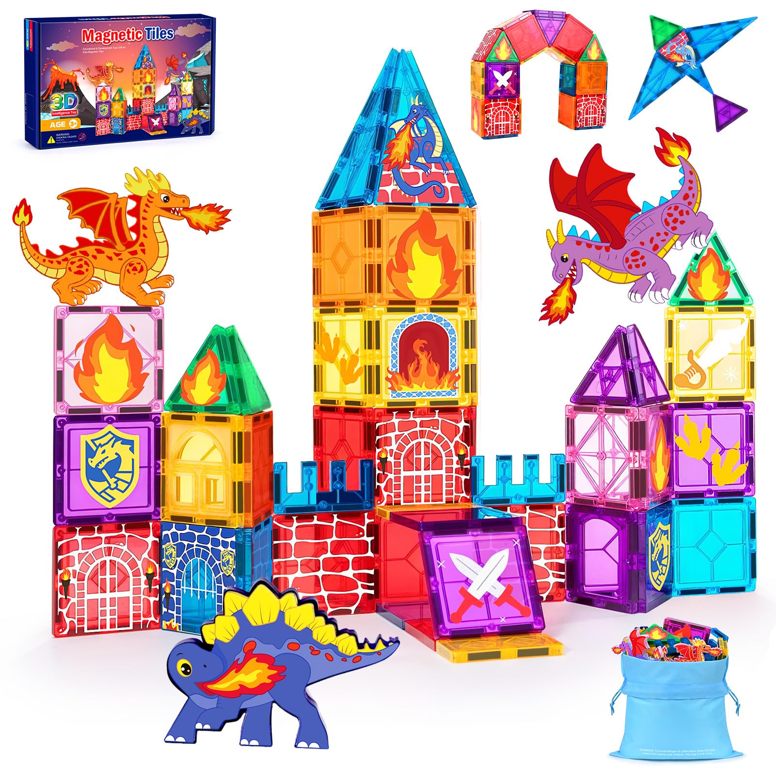 YUANNA Dragon Toys magnetic tiles create a colorful creative scene for imaginative play.