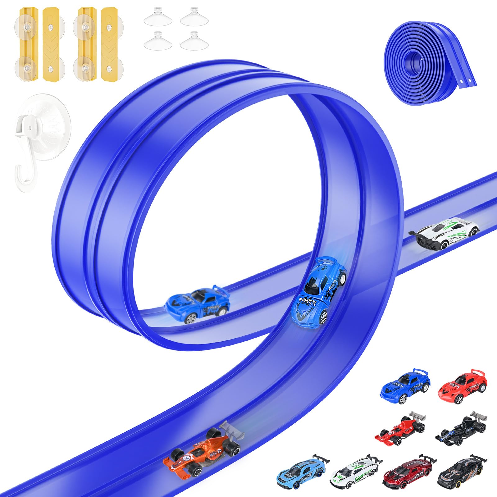 YUANNA Flex Track blue setup—creative racing layout for kids' imaginative play and fine motor building