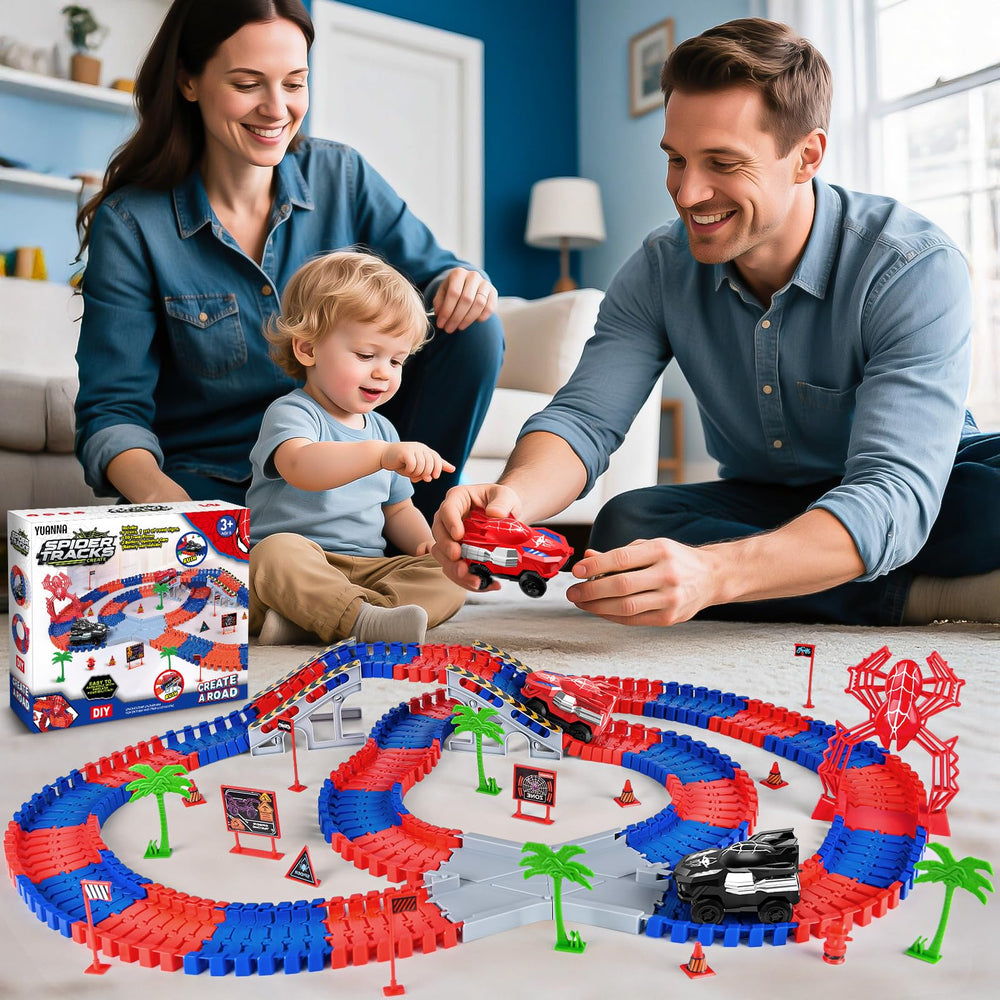 Yuanna spider cars race on a flexible, colorful track.
