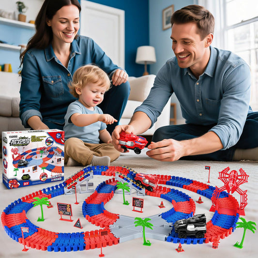 Yuanna spider cars race on a flexible, colorful track.