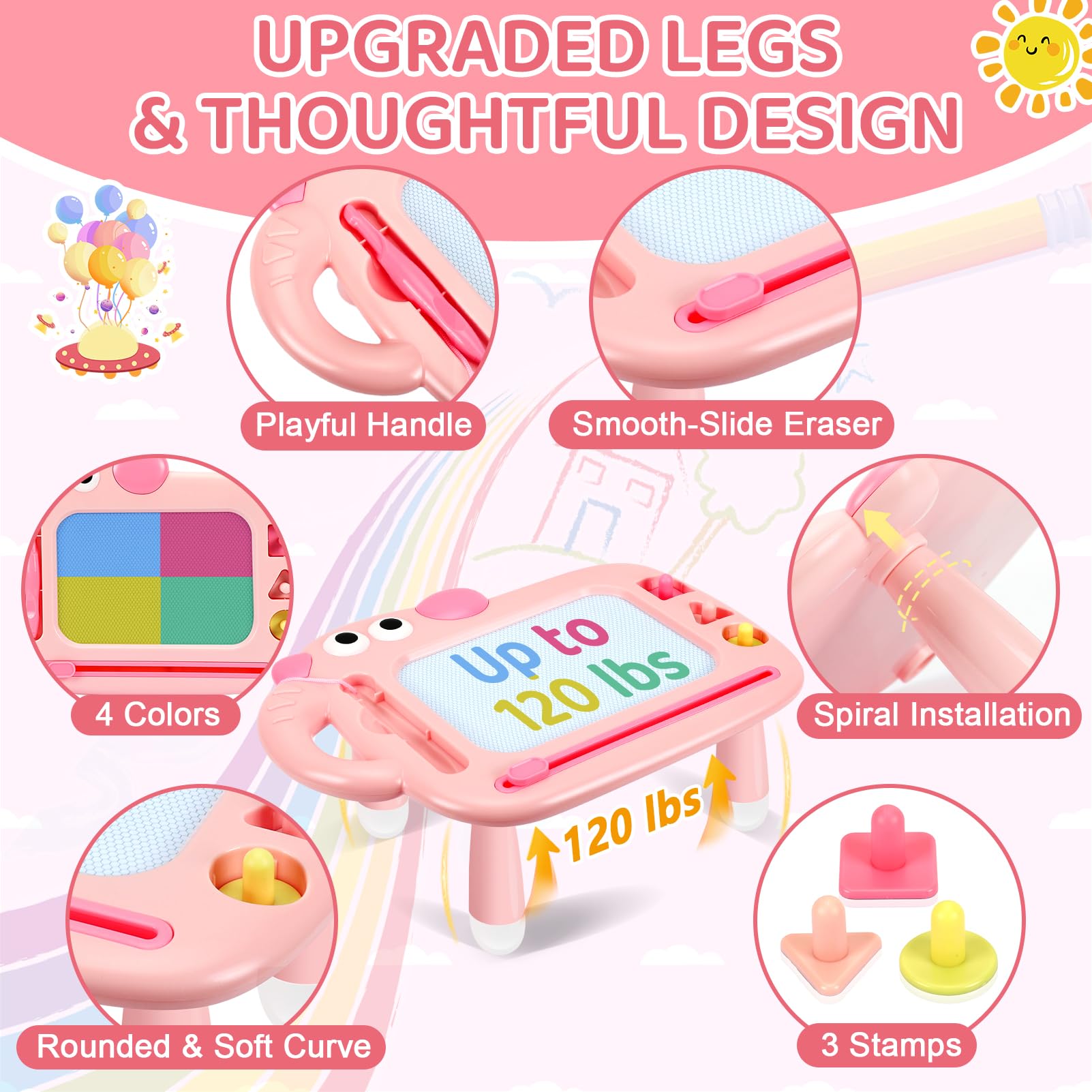 YUBALEER toddler drawing board showing sturdy legs for active play