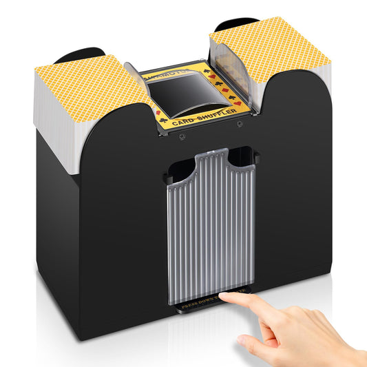YUCEEN automatic card shuffler on table enables fast 1-6 deck shuffles.