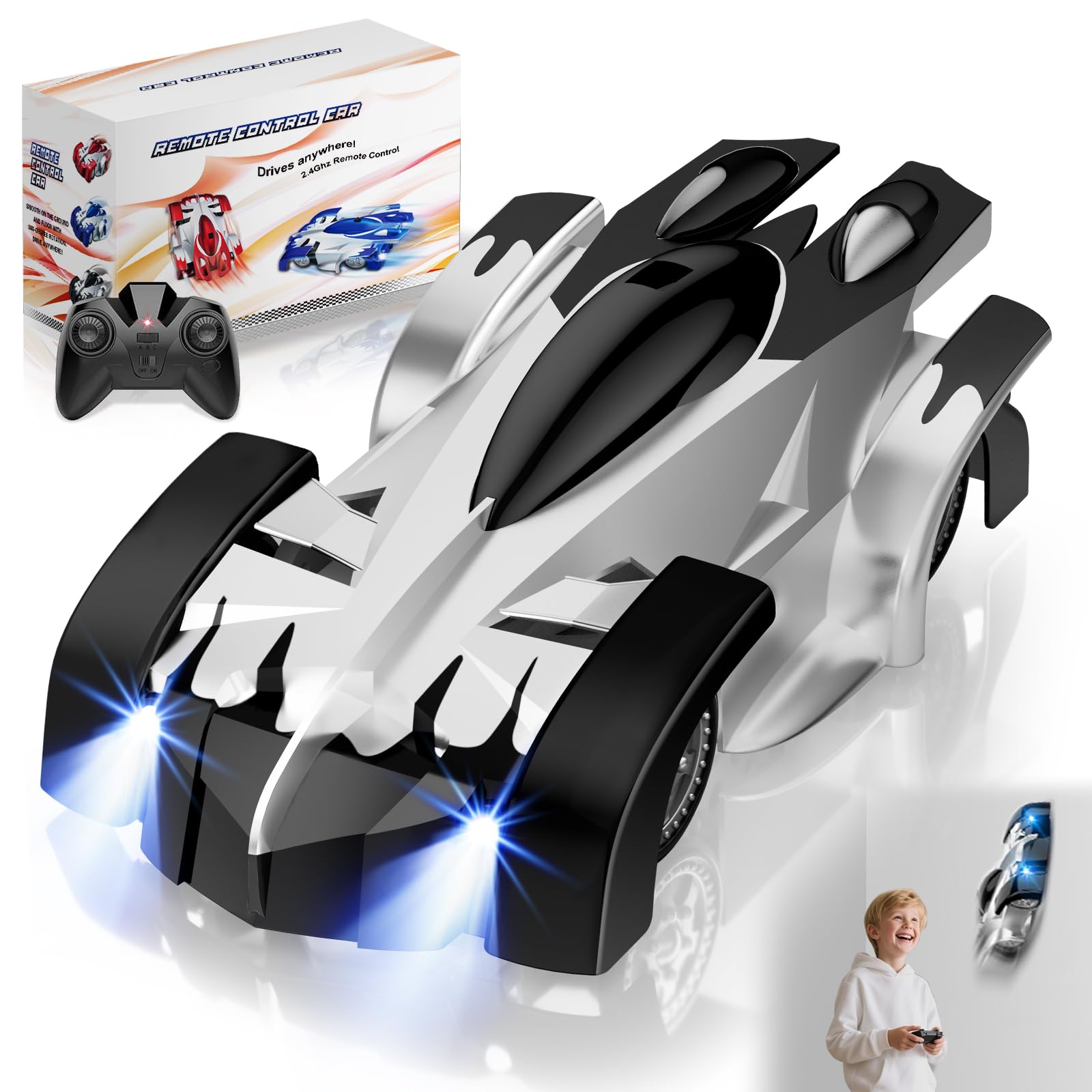 Yucmed wall-climbing RC car front view shows sturdy indoor play design