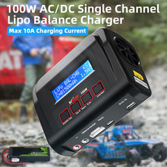 YUFAY RC battery charger side ports showing versatile connectors for multiple battery packs.