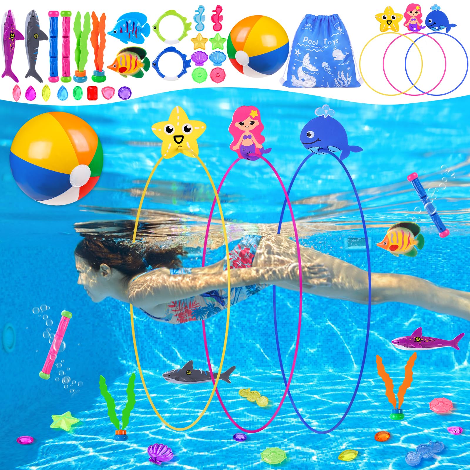 YUJUN 31 PCS pool diving toys: big rings for family pool games and swim practice