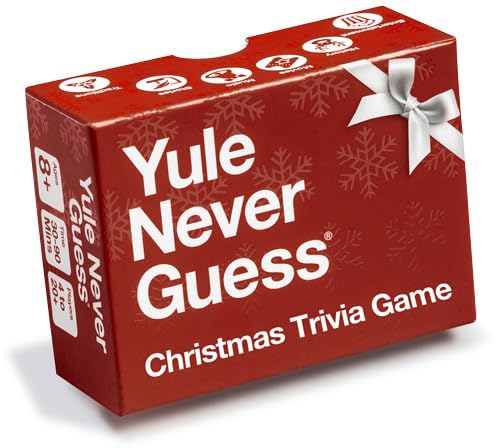 Yule Never Guess Christmas trivia card with questions for family-friendly holiday challenges.