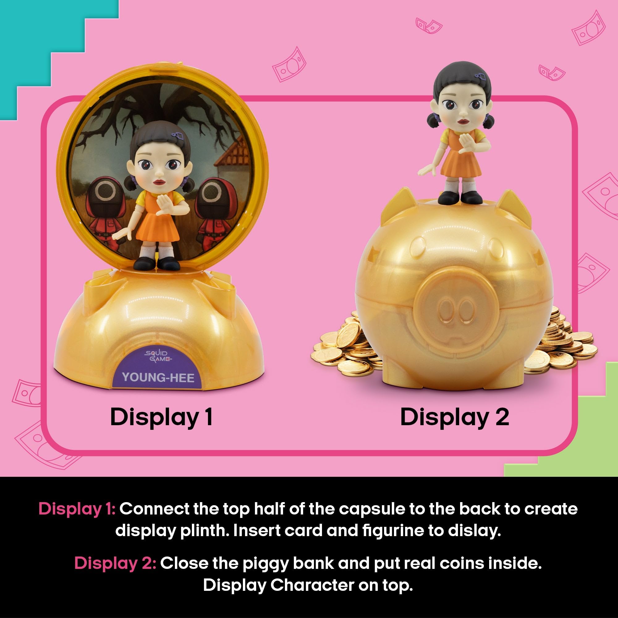 Figure displayed beside the piggy bank with a Squid Game background card