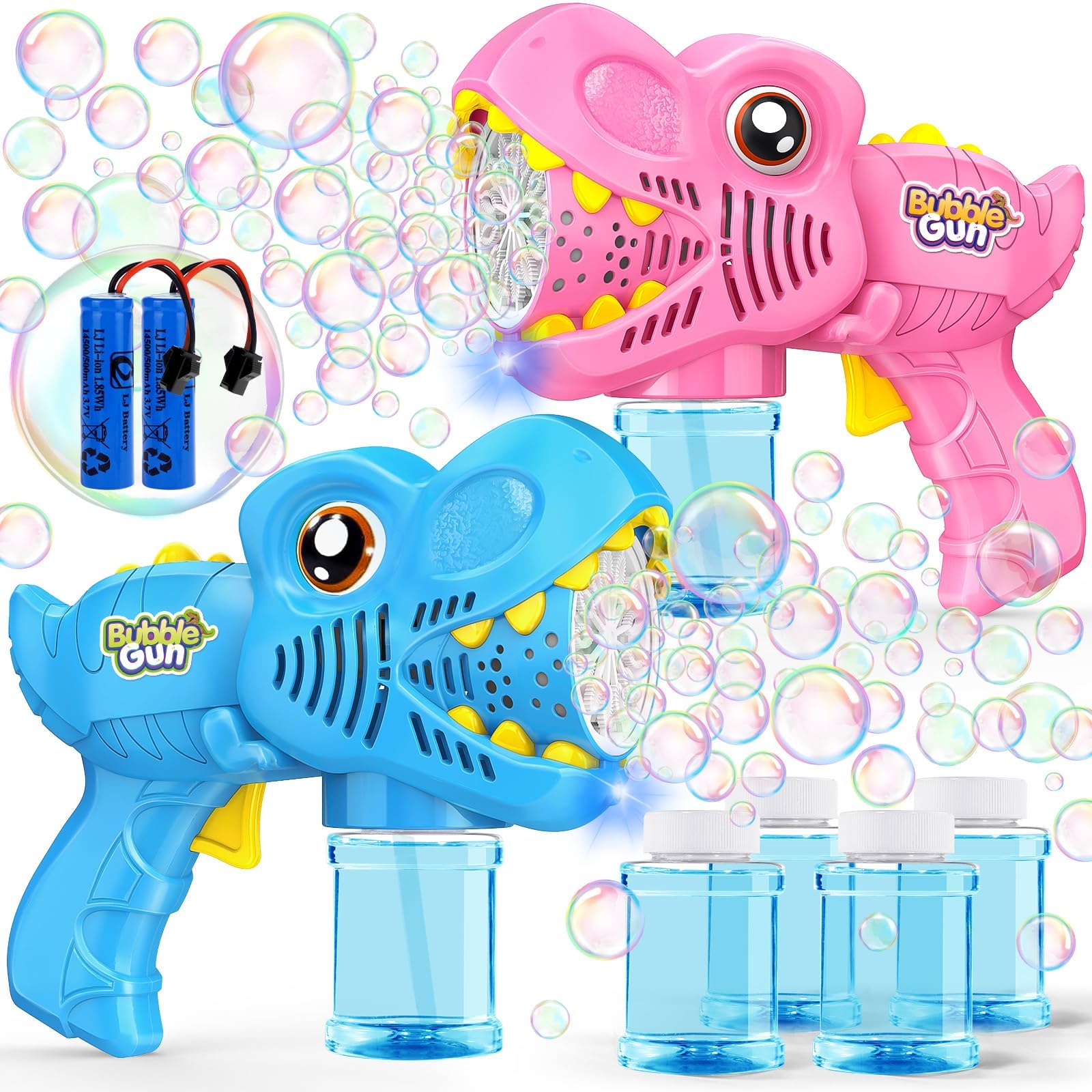 Yunaking two-pack dinosaur bubble guns fueling outdoor play with bursts of bubbles.
