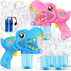Yunaking two-pack dinosaur bubble guns fueling outdoor play with bursts of bubbles.