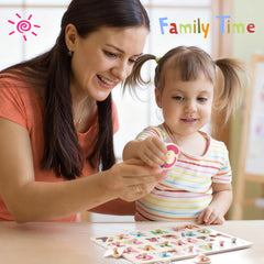 YUNCHY Wooden Peg Puzzles Set Box keeps pieces organized for sharing.