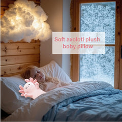 YUNCOL Axolotl plush in bed mode as a bedtime companion for gentle routines.