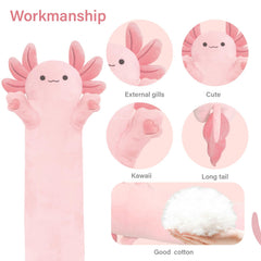 YUNCOL pink axolotl plush close-up shows plush texture and sweet facial expression for comfort.