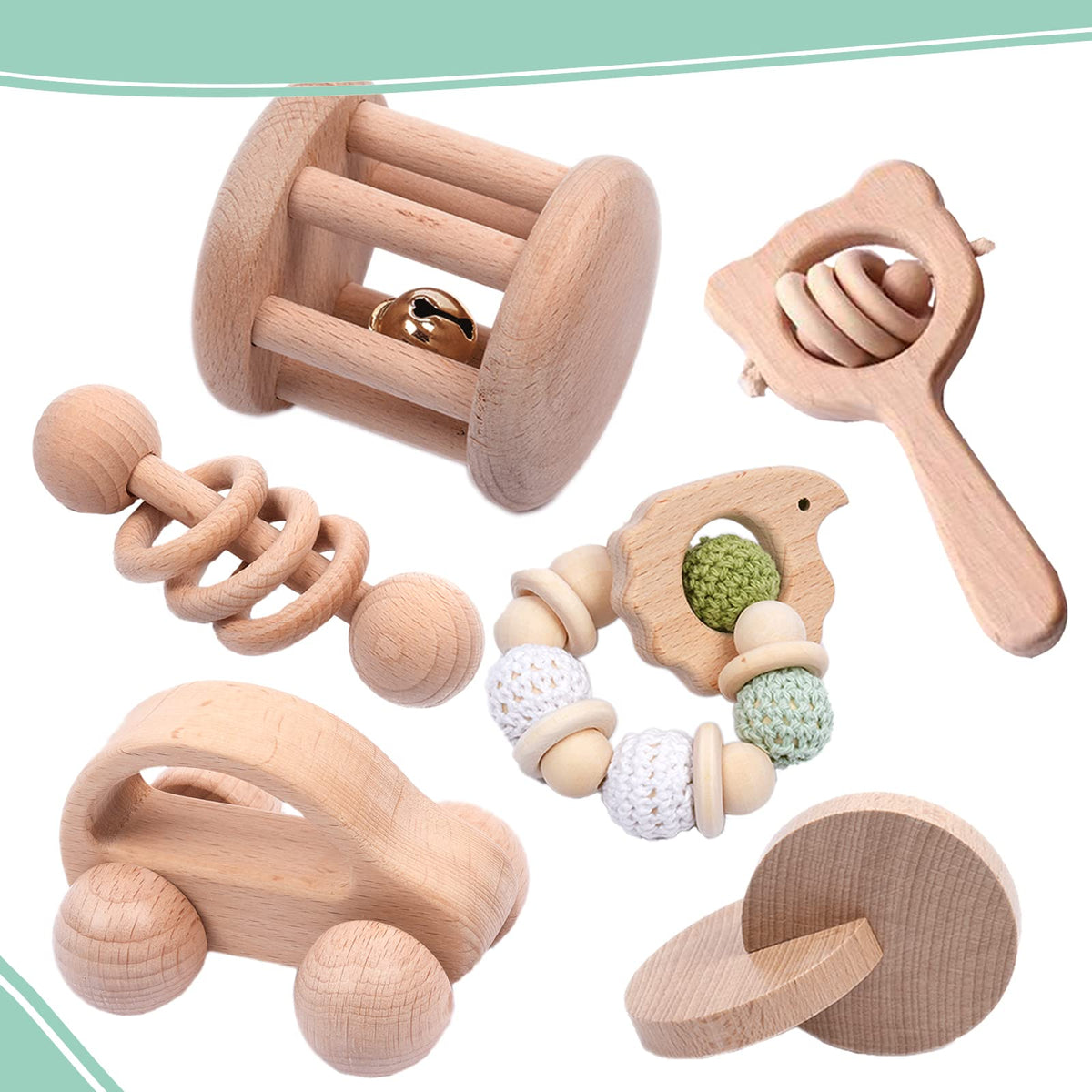 YunHe XinQiao wooden rattle with bell supports early hearing and grasping in babies.