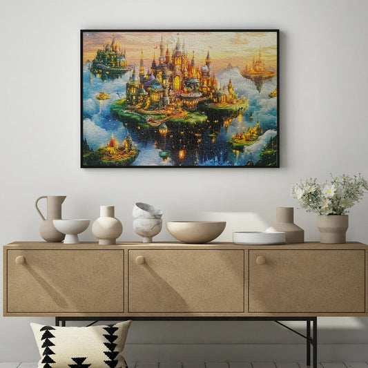 Yunlus City Skyward Kingdoms puzzle art detail highlights intricate pieces and bright color contrasts.