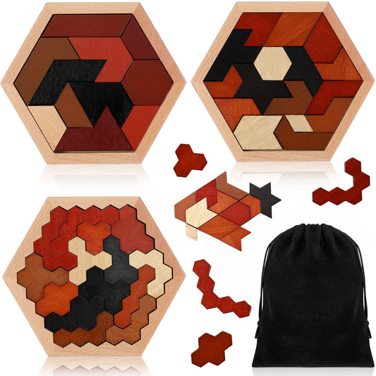 Yunsailing 3-pack hexagon tangram puzzle wooden enhances spatial thinking during family play.