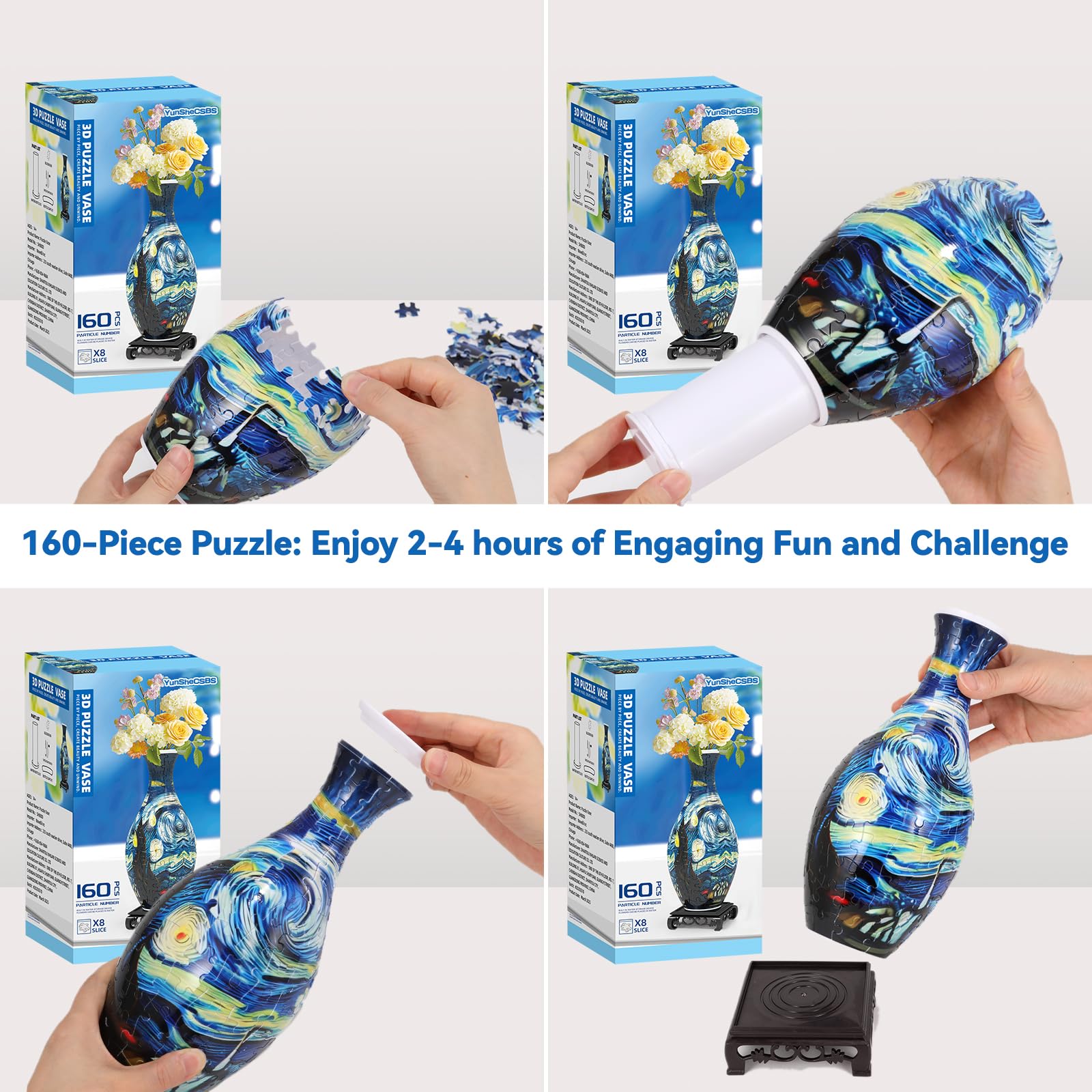 YunSheCSBS 3D puzzle vase finished dimensions 4.4" diameter by 9.5" height.