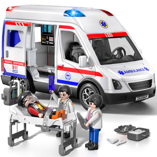 YunWings ambulance toy front view highlights bold color and kid-friendly details.