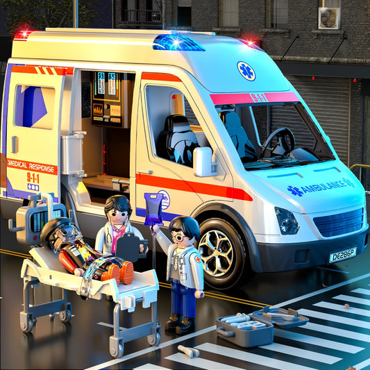 YunWings ambulance toy roof open reveals realistic access for play.