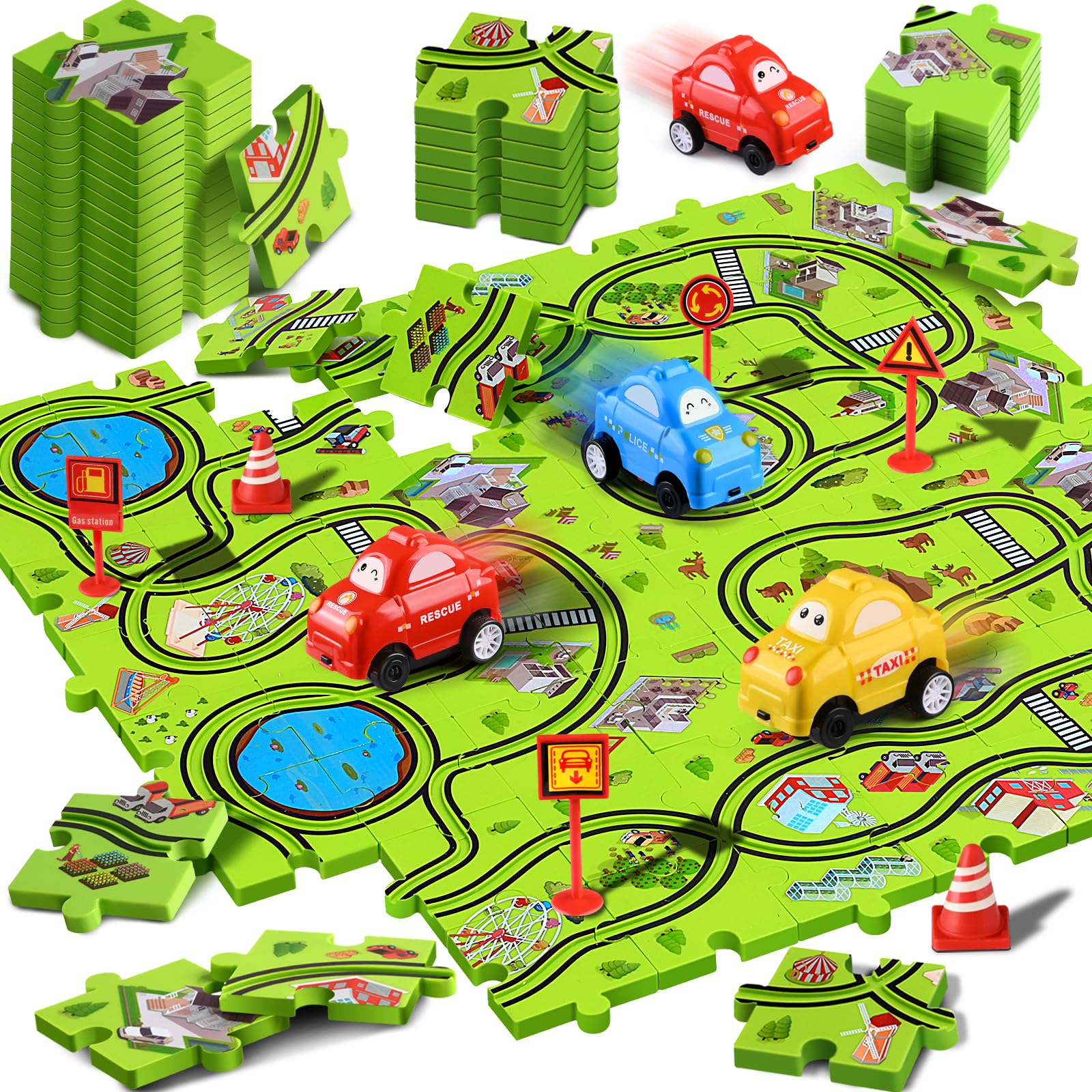 YunWings puzzle race track 64-piece set shown for creative layouts and playful learning.