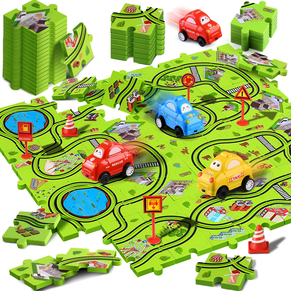 YunWings puzzle race track 64-piece set shown for creative layouts and playful learning.