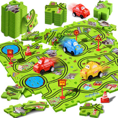 YunWings puzzle race track 64-piece set shown for creative layouts and playful learning.