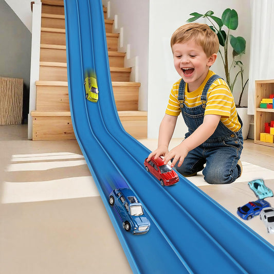 YUOIOYU 3-lane race track setup enables parallel indoor racing for kids.
