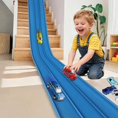 YUOIOYU 3-lane race track setup enables parallel indoor racing for kids.