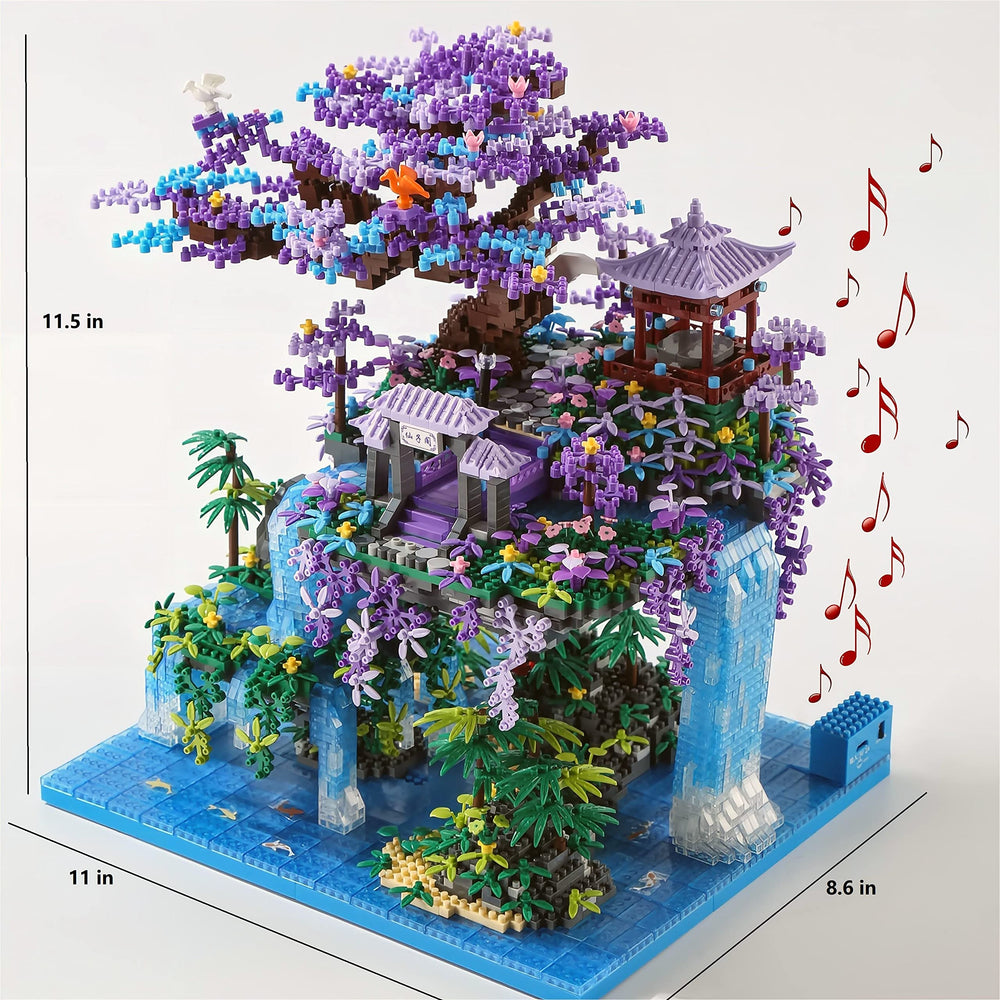 Yushinv cherry blossom tree house building scene with a waterfall