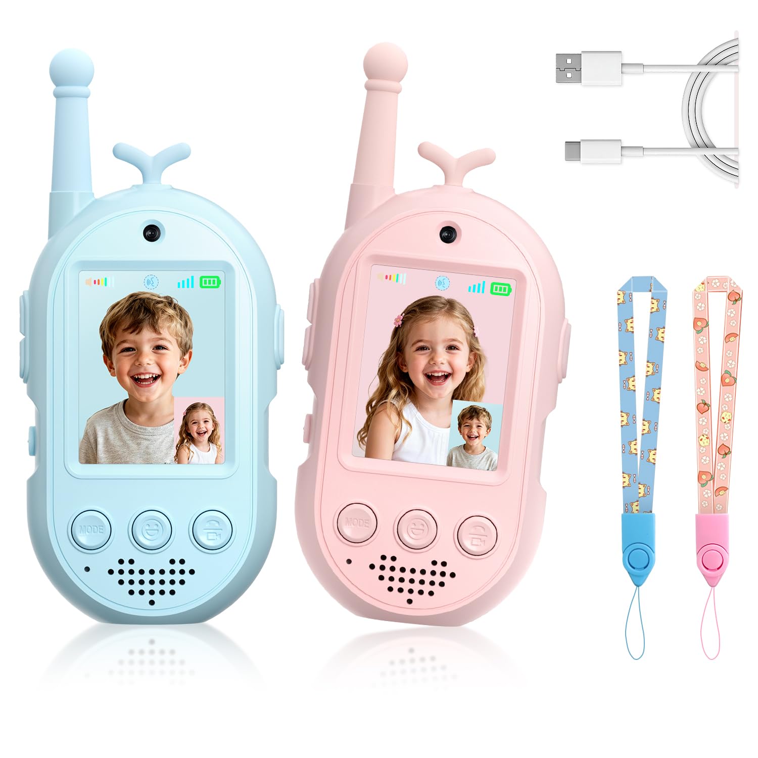 YUSSBCU upgraded video walkie-kids pink front view for easy indoor play