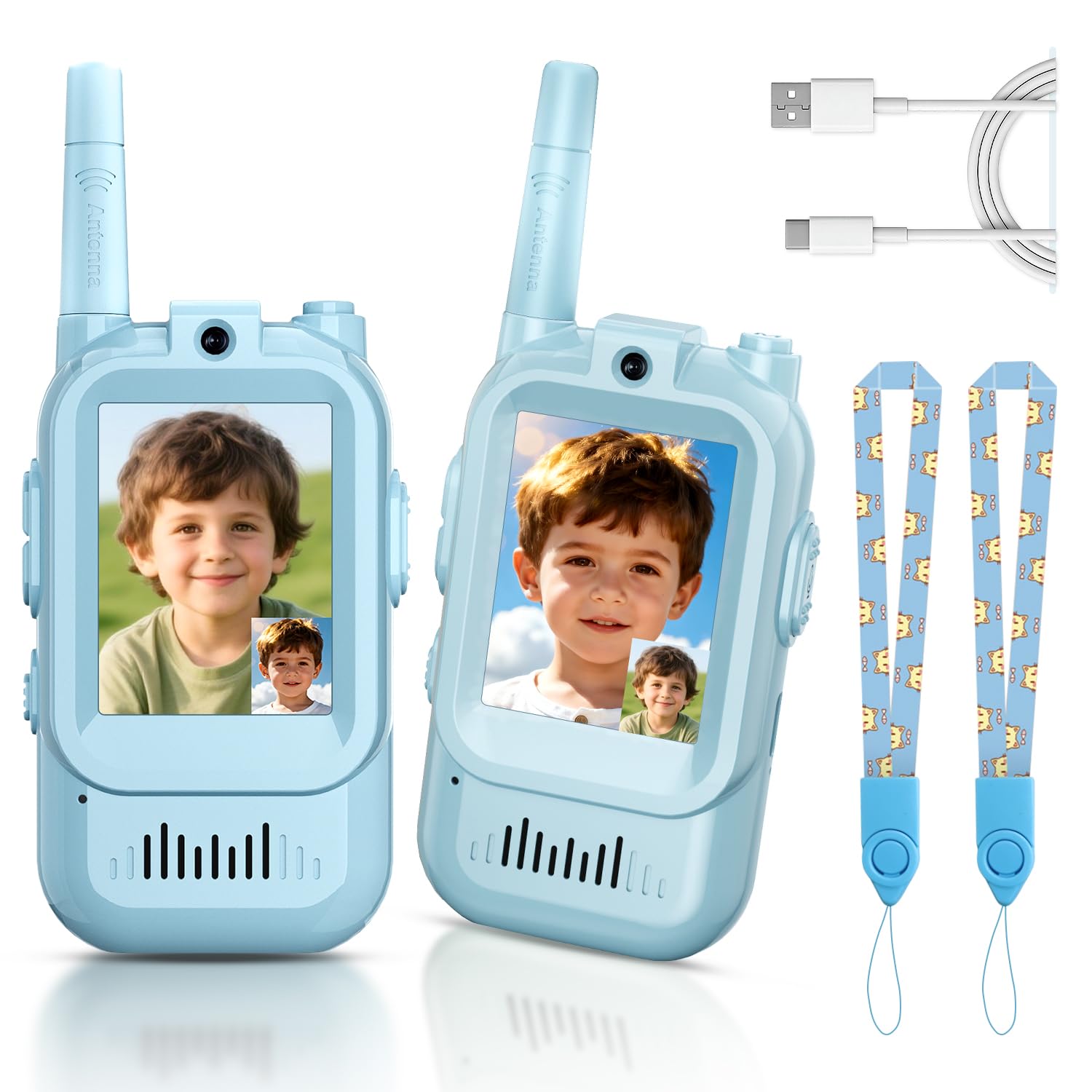 YUSSBCU video walkie talkie blue, front view for family play and clear video calls.