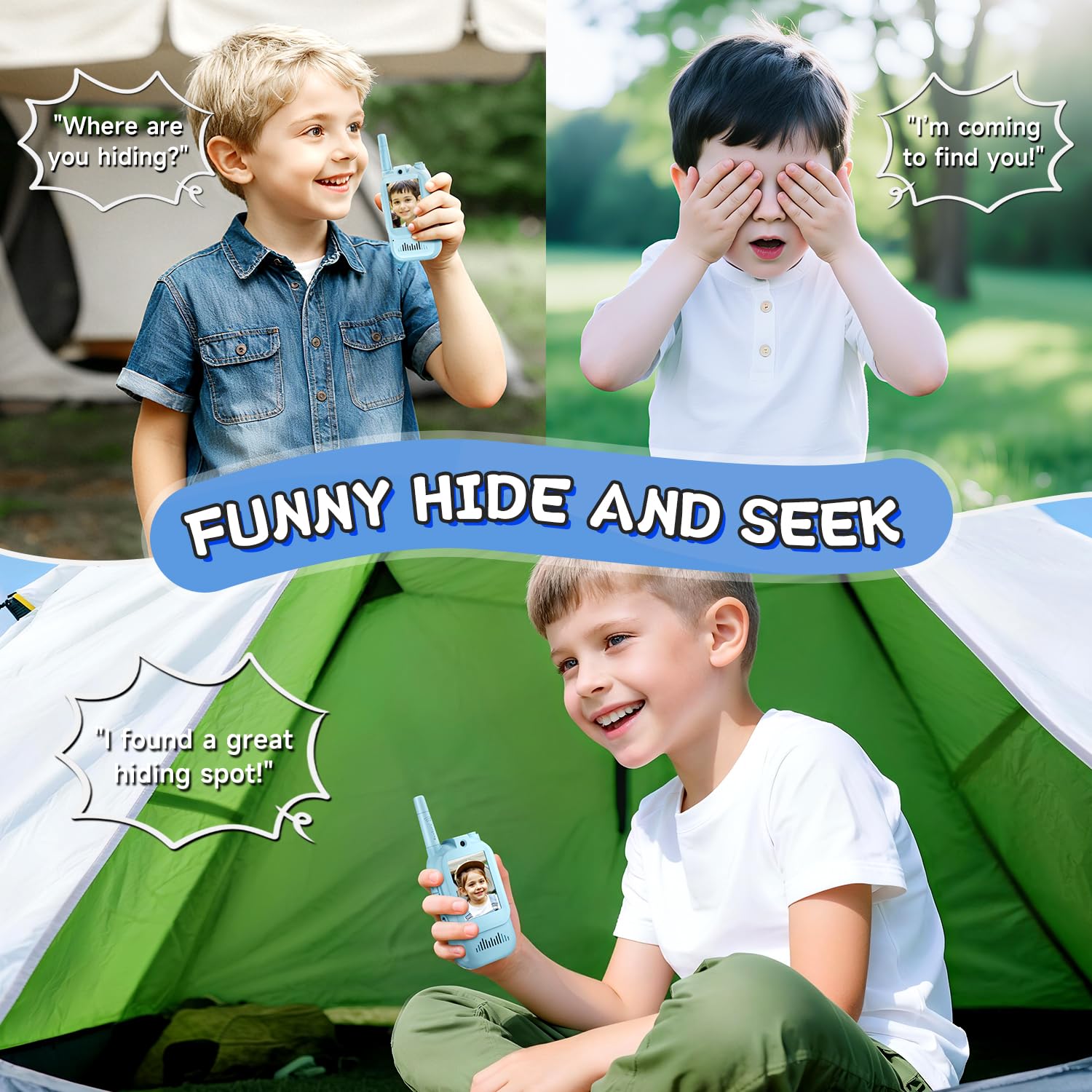 YUSSBCU video walkie talkie blue, outdoor-use lifestyle image emphasizes long range.