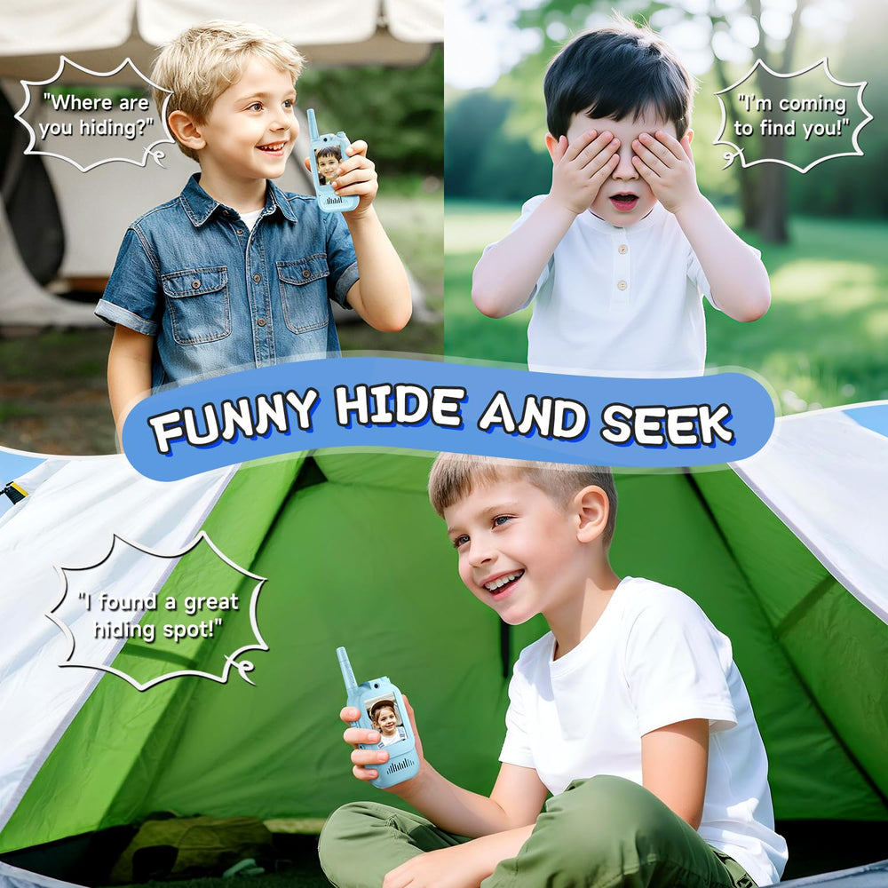 YUSSBCU video walkie talkie blue, outdoor-use lifestyle image emphasizes long range.