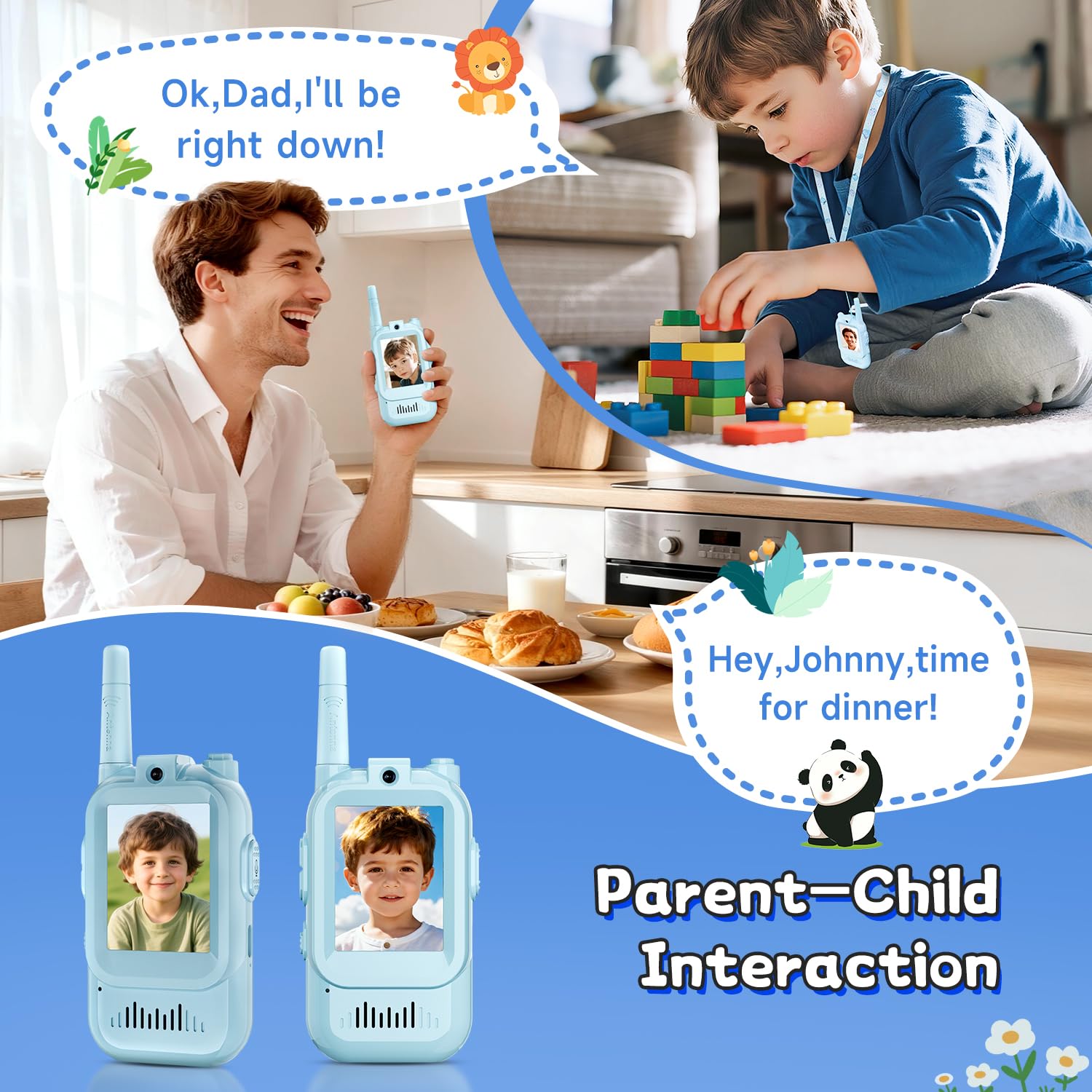 YUSSBCU video walkie talkie blue, video-call feature demonstrated in action.