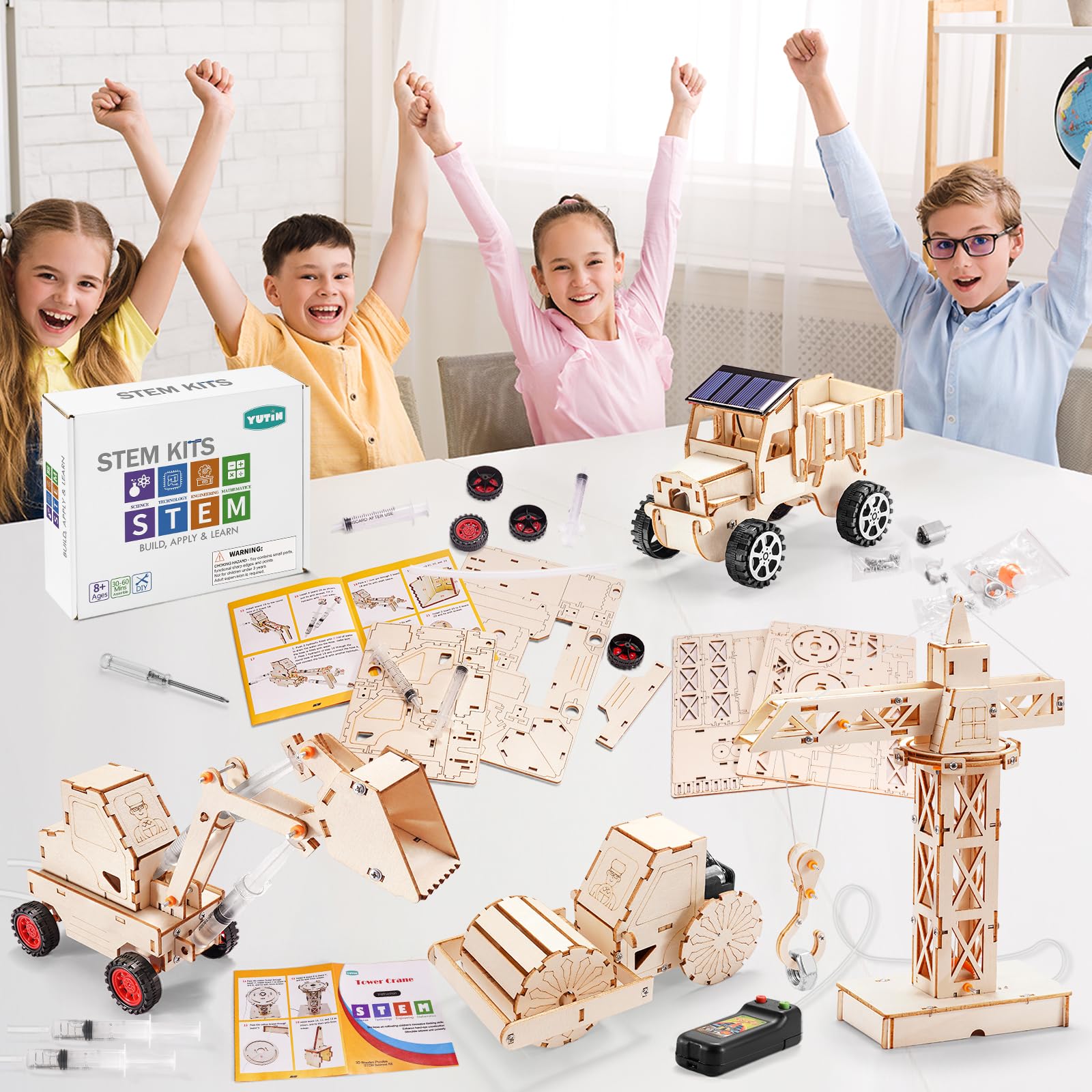 Yutin wooden model car kit built by young builders.