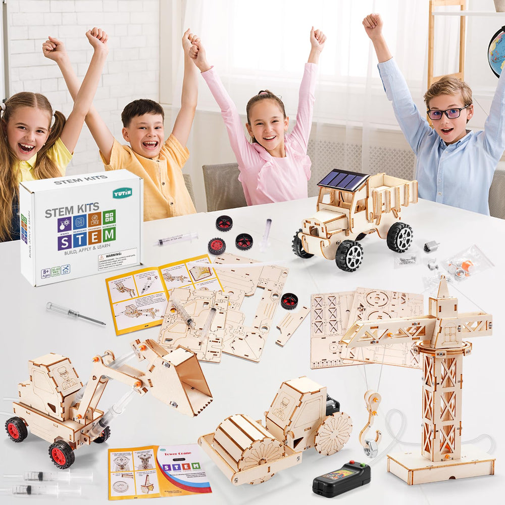 Yutin wooden model car kit built by young builders.