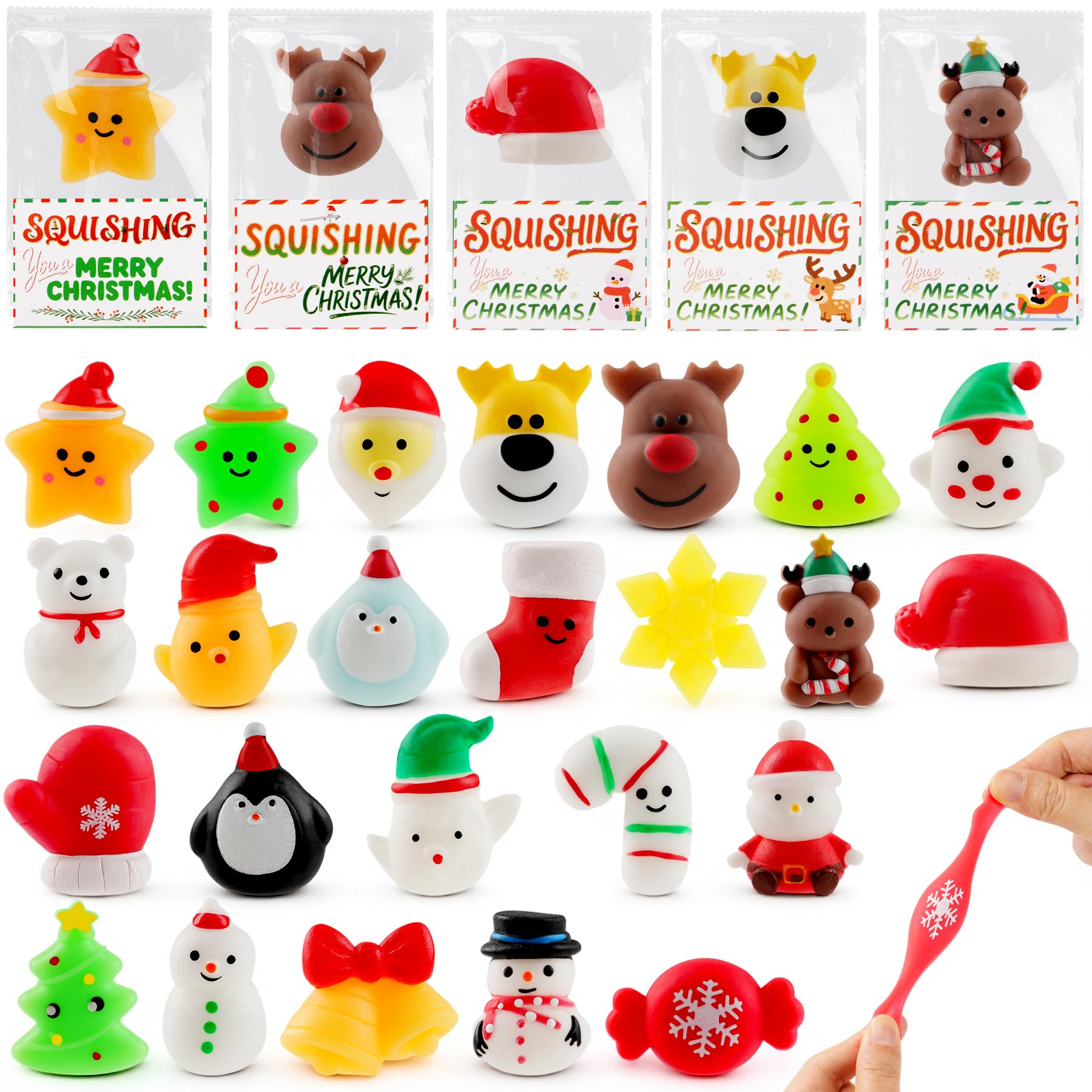 YUYUGAGA Christmas Mochi Squishy Toys 24-pack with gift cards for gifting joy.