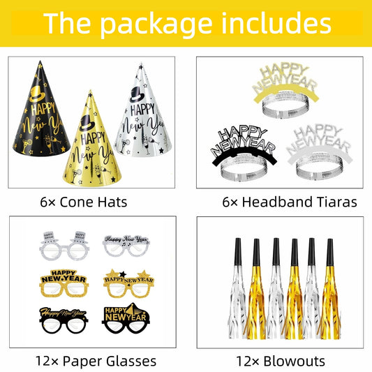 YVAINE Happy New Year cone hats with chic black, gold, silver accents.