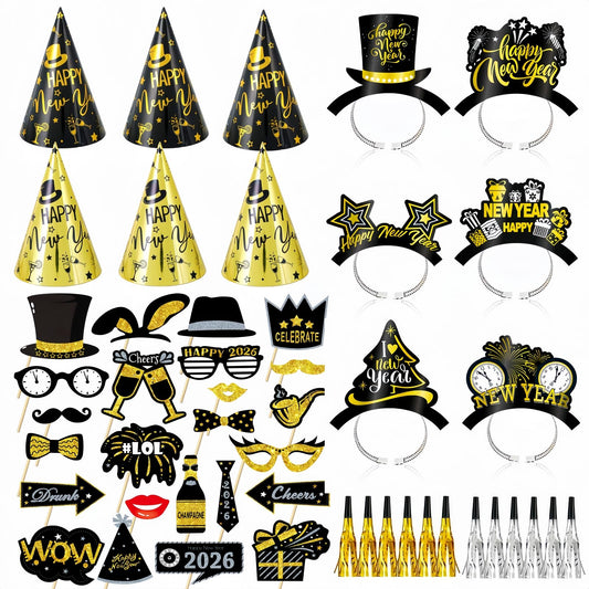 YVAINE New Year’s Eve cone hats in black and gold for festive celebrations.