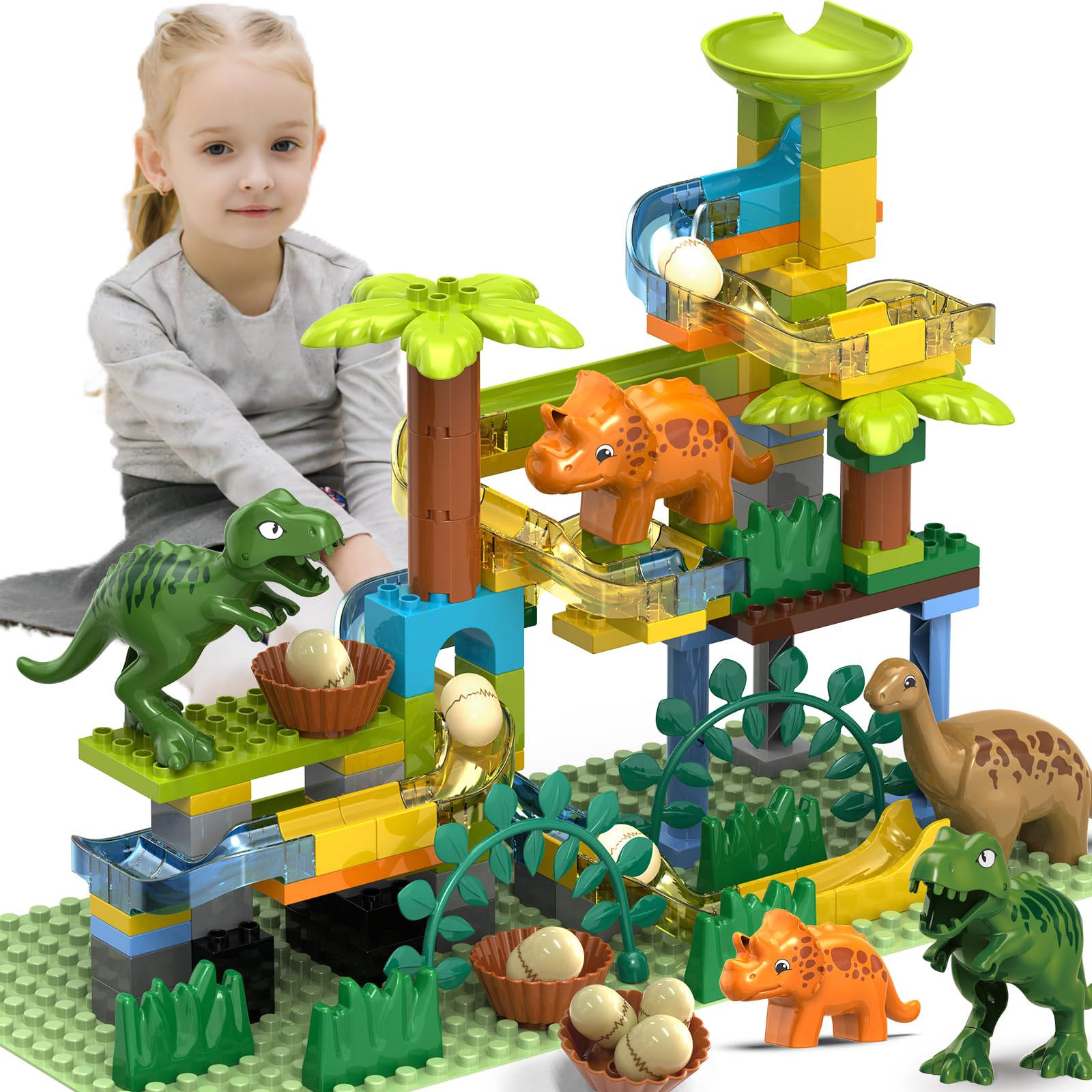 YY LANDTOYS dinosaur marble run track shown in bright colors for engaging marble races and imagination.
