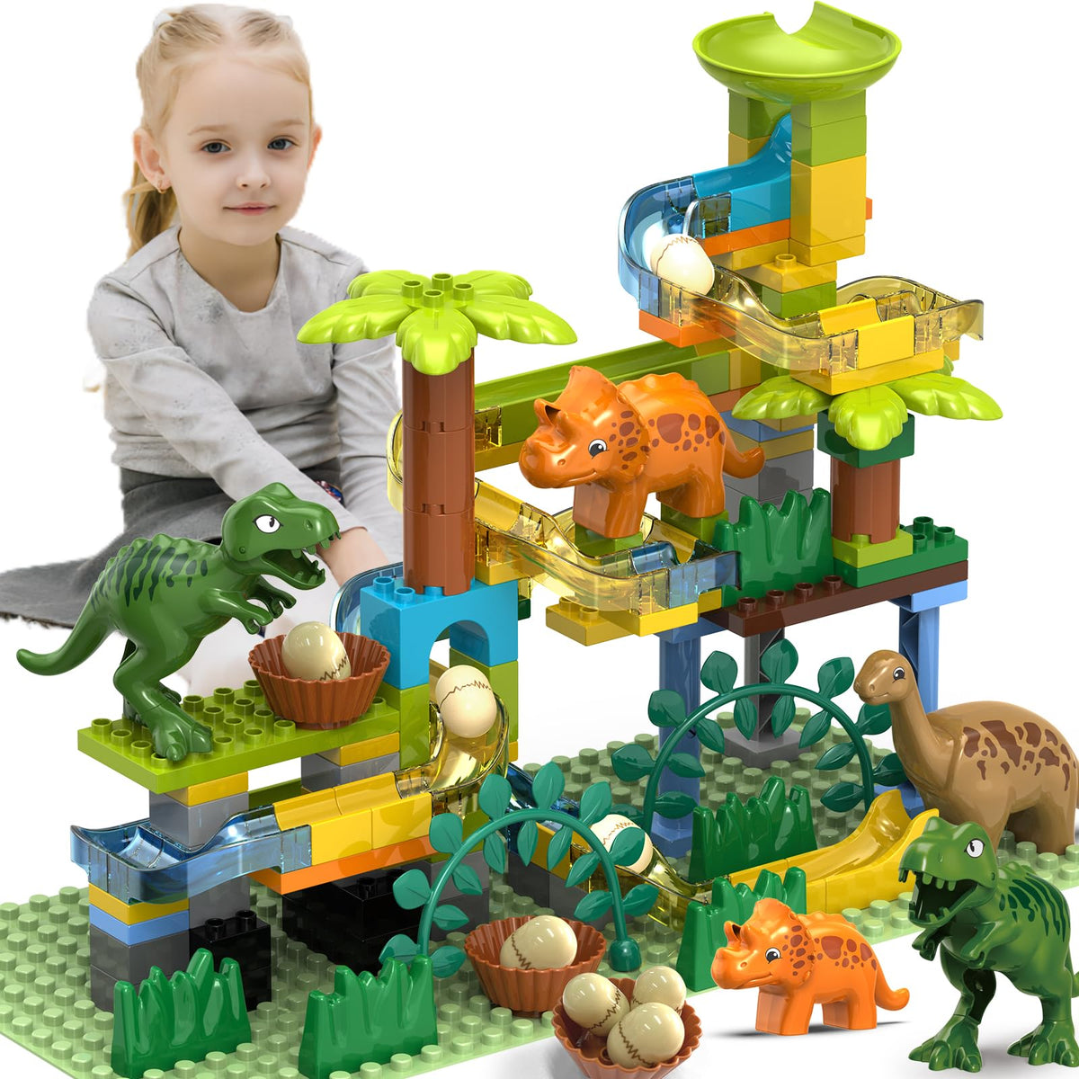 YY LANDTOYS dinosaur marble run track shown in bright colors for engaging marble races and imagination.
