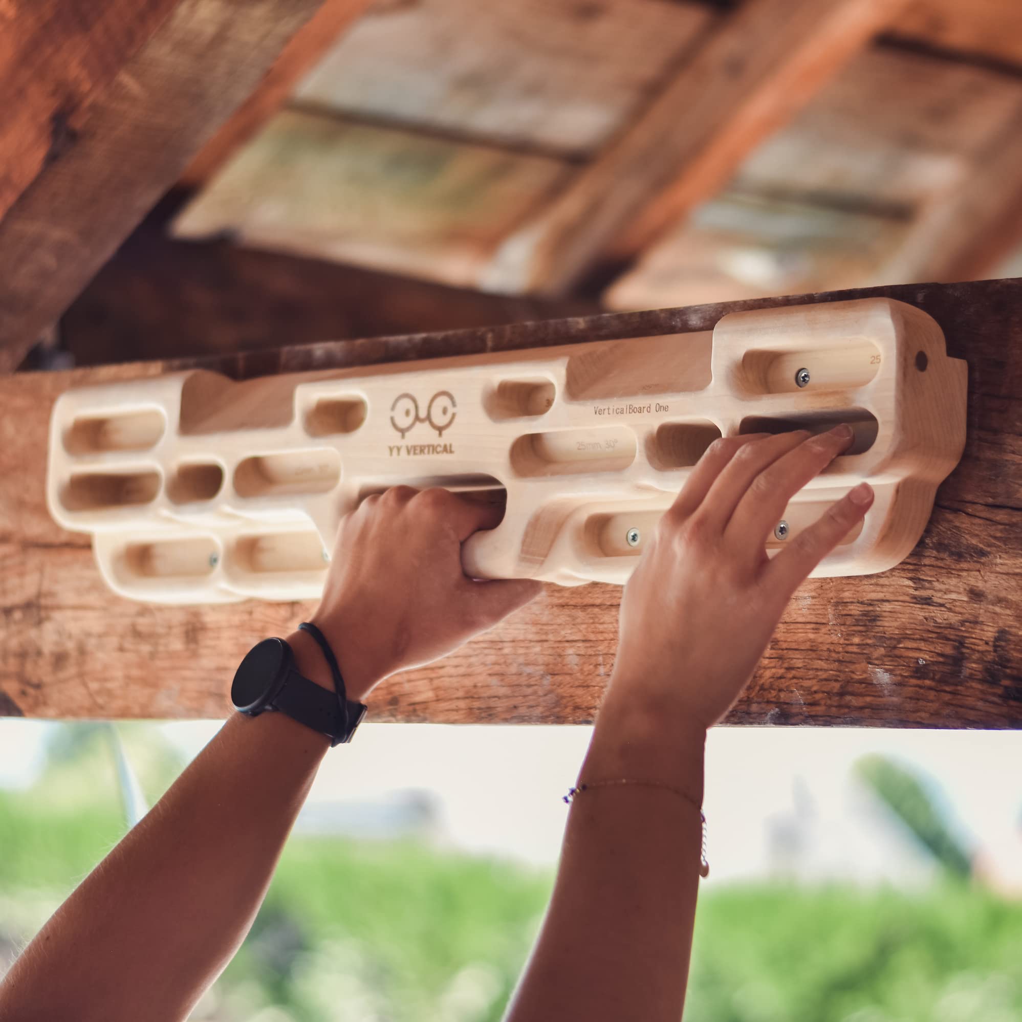 Flat grips on YY Vertical Hangboard for varied finger work.