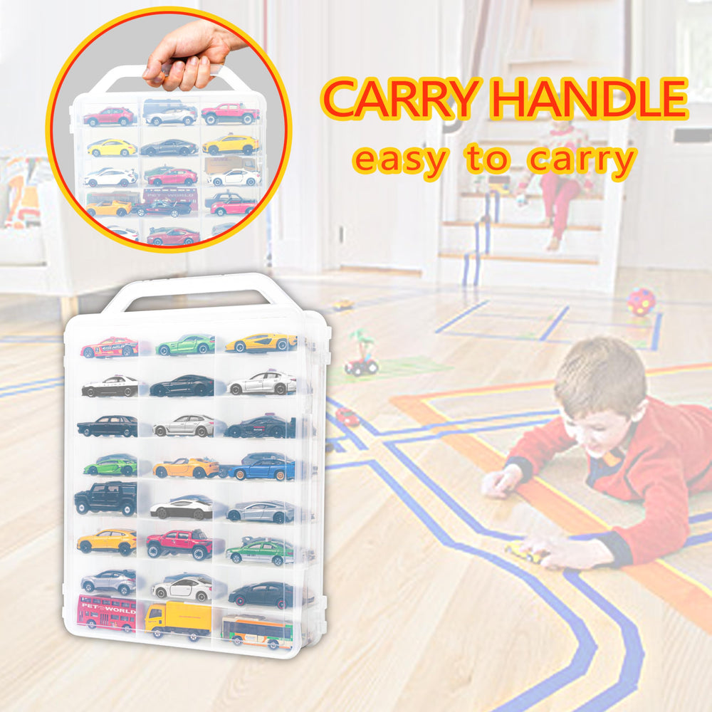 Two longer slots fit longer items or two cars in one bay.