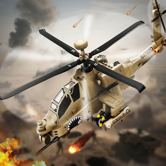 Close-up of spinning rotors on the YYKNGYI AH-64 model