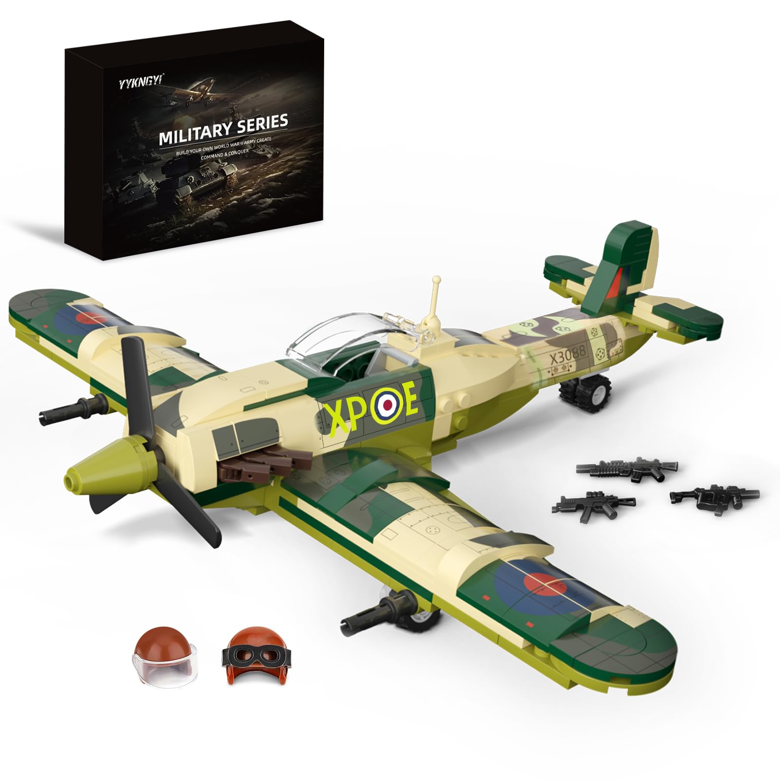 YYKNGYI military Spitfire plane assembly model for hands-on learning and imaginative play.
