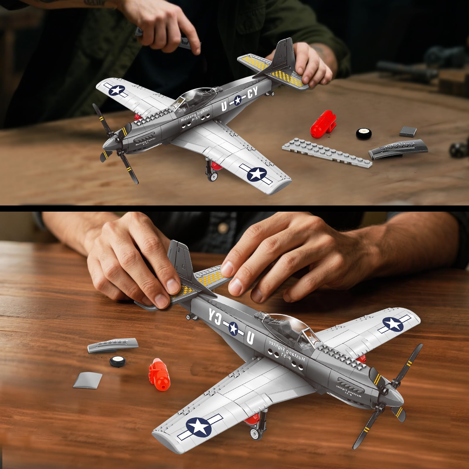 YYKNGYI P51 Mustang model with rotating propellers for interactive flight play.